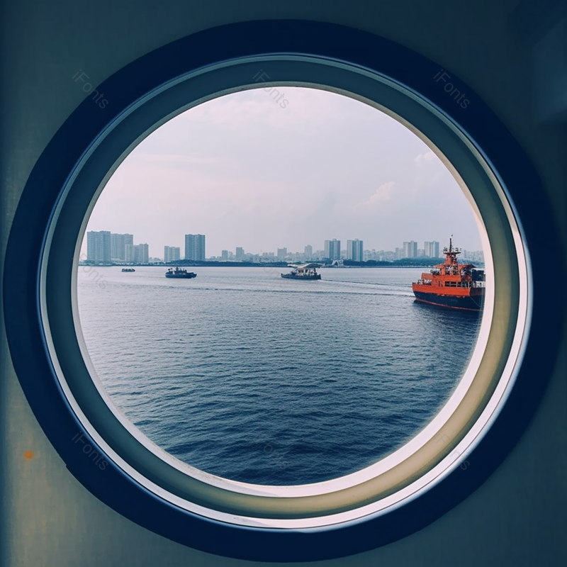 轮船圆形窗外的景色大海远处的高楼,高清,摄影图,摄影图片,图片大全,摄影图免费下载